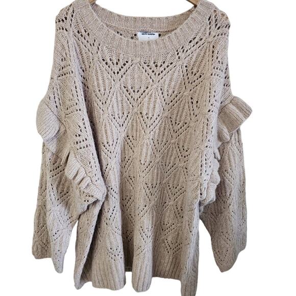 Old Navy Pointelle Knit Sweater Womens Sz 4X Ruffle Trim Metallic Oatmeal Cozy - Picture 2 of 10